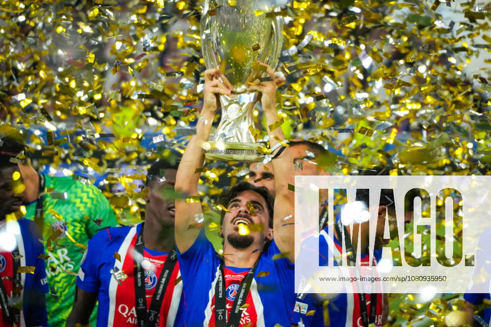 Soccer Austria 2026 UEFA Super Cup Final, August 12, 2026 Paris Saint-Germain (PSG) France vs. Aston Villa FC England Salzburg Stadium, Salzburg, Austria Vitinha of Paris Saint-Germain hoists the trophy Trophy presentation for the winning team, Super Cup champions