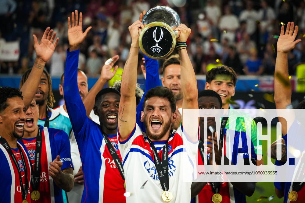 Soccer Austria 2026 UEFA Super Cup Final, August 12, 2026 Paris Saint-Germain (PSG), France vs. Aston Villa FC, England, Salzburg Stadium, Salzburg, Austria Khvicha Kvaratskhelia of Paris Saint-Germain hoists the trophy, trophy presentation, winning team, Super Cup champion
