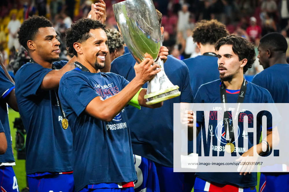 Soccer Austria 2026 UEFA Super Cup Final, August 12, 2026 Paris Saint-Germain (PSG) France vs. Aston Villa FC England Salzburg Stadium, Salzburg, Austria Marquinhos of Paris Saint-Germain hoists the trophy Trophy presentation for the winning team, Super Cup champions
