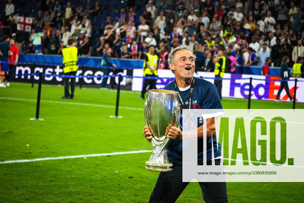 Soccer Austria 2026 UEFA Super Cup Final, August 12, 2026 Paris Saint-Germain (PSG) France vs. Aston Villa FC England Salzburg Stadium, Salzburg, Austria Luis Enrique, coach of Paris Saint-Germain, hoists the trophy aloft Trophy presentation ceremony for the winning team, Super Cup champions