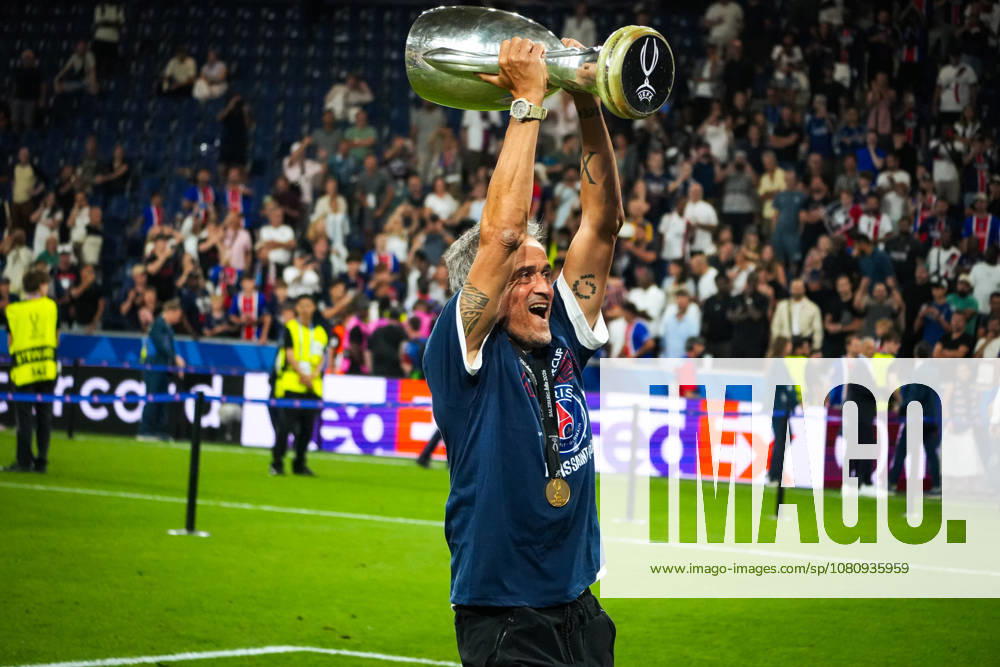Soccer Austria 2026 UEFA Super Cup Final, August 12, 2026 Paris Saint-Germain (PSG) France vs. Aston Villa FC England Salzburg Stadium, Salzburg, Austria Luis Enrique, coach of Paris Saint-Germain, hoists the trophy aloft Trophy presentation ceremony for the winning team, Super Cup champions