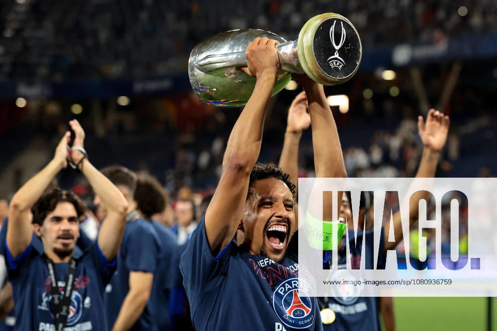Paris Saint Germain v Aston Villa - UEFA Super Cup - Stadio Salzburg Salzburg, Austria, 12th August 2026. Marquinhos of PSG celebrates with the trophy following the 2-1 victory in the Paris Saint Germain vs Aston Villa UEFA Super Cup match at Stadion Salzburg, Salzburg. Picture credit should read: Jonathan Moscrop Salzburg Stadion Salzburg Austria