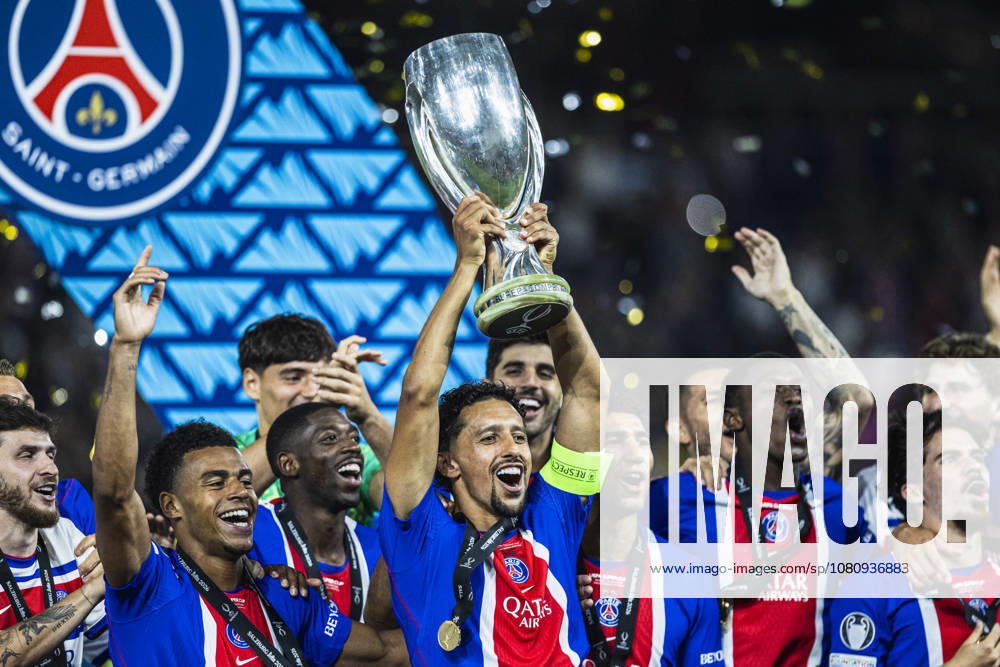 Marquinhos of Paris Saint-Germain lifting the UEFA Super Cup trophy during the UEFA Super Cup 2026 match between Paris Saint-Germain and Aston Villa at Stadion Salzburg on August 12, 2026 in Salzburg, Austria. (Photo by Joao Bravo Sports Press Photo Getty Images)