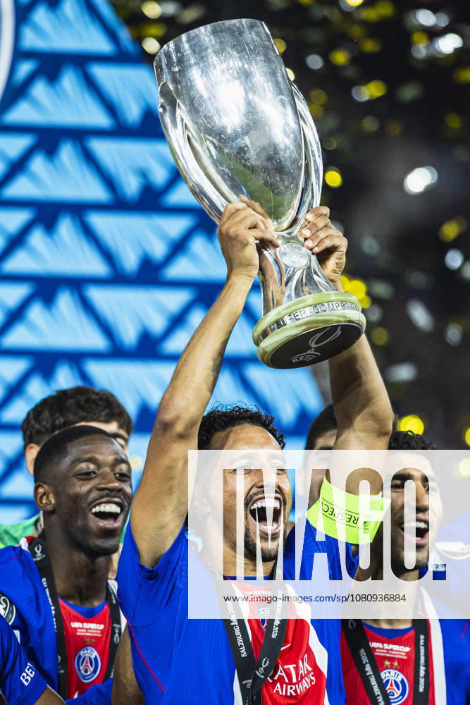 Marquinhos of Paris Saint-Germain lifting the UEFA Super Cup trophy during the UEFA Super Cup 2026 match between Paris Saint-Germain and Aston Villa at Stadion Salzburg on August 12, 2026 in Salzburg, Austria. (Photo by Joao Bravo Sports Press Photo Getty Images)