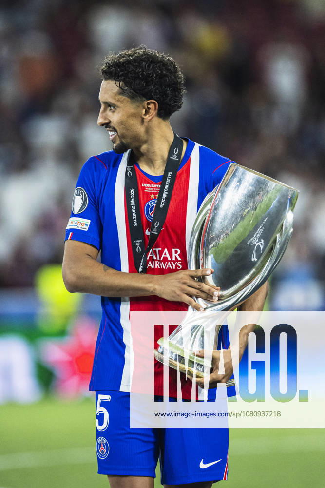 Marquinhos of Paris Saint-Germain with the UEFA Super Cup trophy during the UEFA Super Cup Final match between Paris Saint-Germain and Aston Villa at Red Bull Arena, Salzburg, Wals-Siezenheim on August 12th,2026 (Photo by Joao Bravo Sports Press Photo)