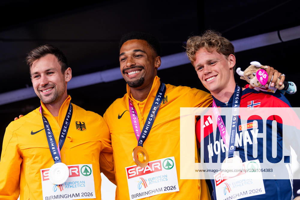 Niklas Kaul of Germany, Leo Neugebauer of Germany, and Sander Aae Skotheim of Norway at the medal ceremony following the men’s decathlon on Day 5 of the 2026 European Athletics Championships on August 14, 2026 in Birmingham. Photo by Mathias Bergeld, BILDBYRAN, code MB MT1070. track and field, athletics, friidrett, friidrotts EM, 2026 European Athletics Championships, Day 5, BBENG
