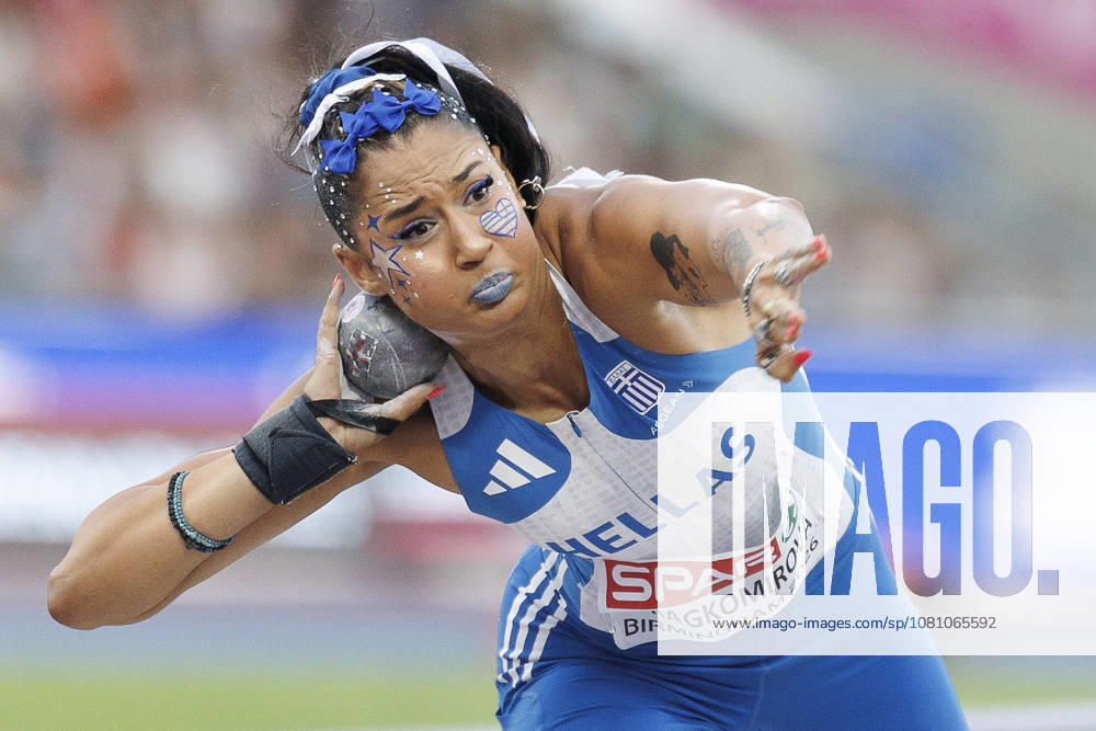 Anastasia Ntragkomirova (GER Greece) competes in the shot put of the heptathlon during the European Athletics Championships at Alexander Stadium on August 14, 2026 in Birmingham, Great Britain. Great Britain