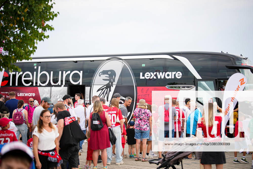 Germany, Soccer, Bundesliga 1, 2026–2027 Season, Friendly Match: SC Freiburg vs. Crystal Palace, Europa-Park Stadium, Freiburg, Team Bus, SC Freiburg, Freiburg, Europa-Park Stadium, Baden-Württemberg, Germany