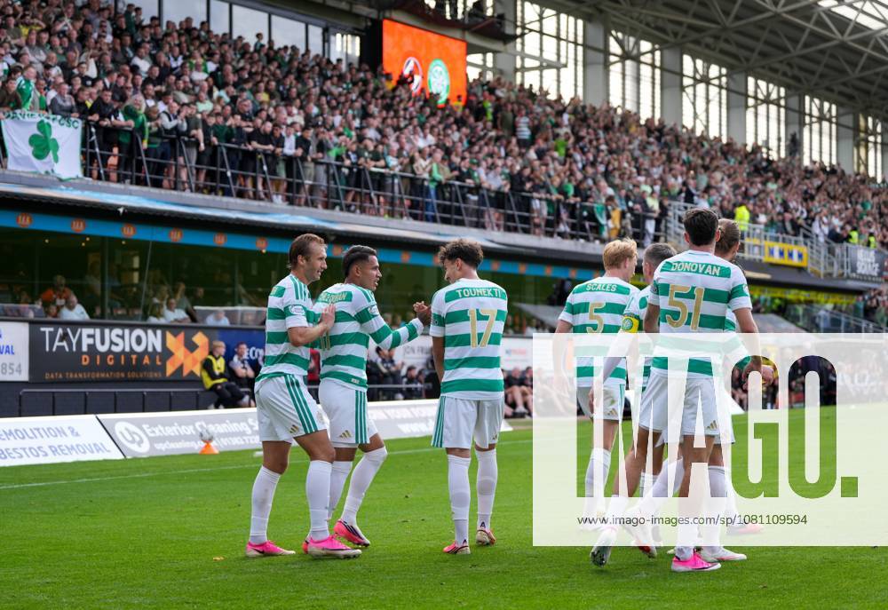 Camilo Duran of Celtic celebrates with team mates after scoring to give Celtic a 0-2 lead. Dundee United v Celtic, Premier Sports Cup, Second Round, Football, Tannadice Park, Dundee, Scotland, UK - 15 Aug 2026Dundee Tannadice Park Scotland United Kingdom