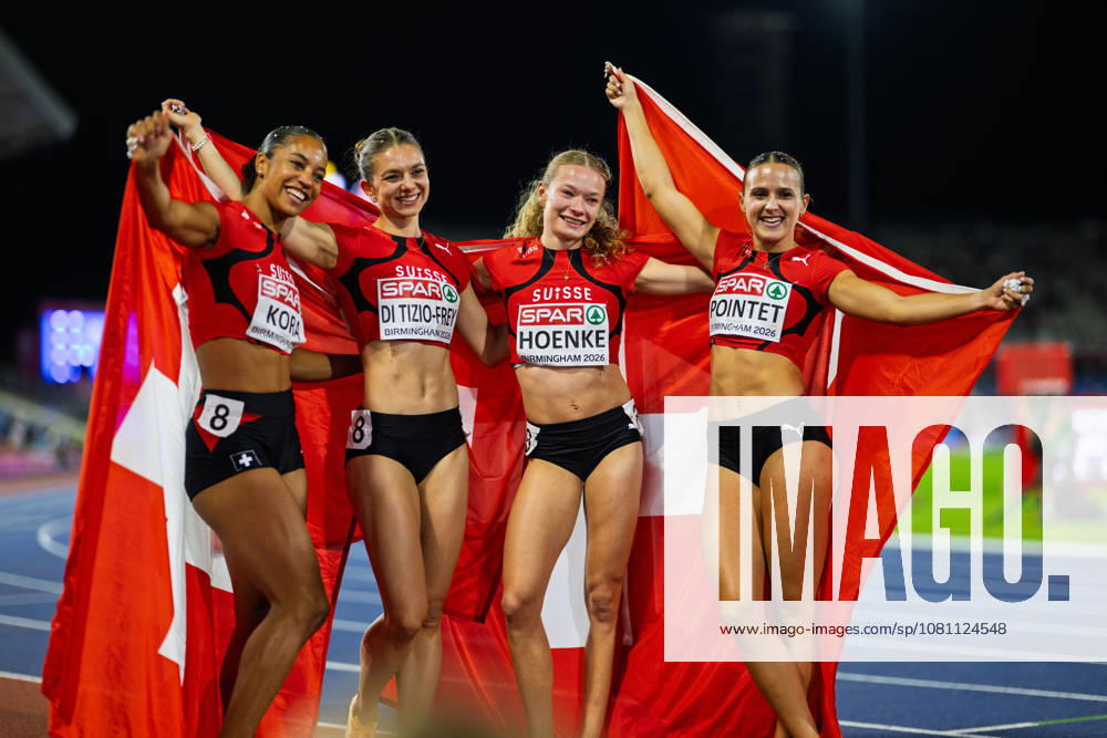 Salomé Kora, Géraldine Di Tizio-Frey, Fabienne Hoenke and Léonie Pointet of Switzerland wins the silver Medal in the Women s 4x100m Relay during the European Athletics Championships at Alexander Stadium on August 15, 2026 in Birmingham, United Kingdom. England United Kingdom