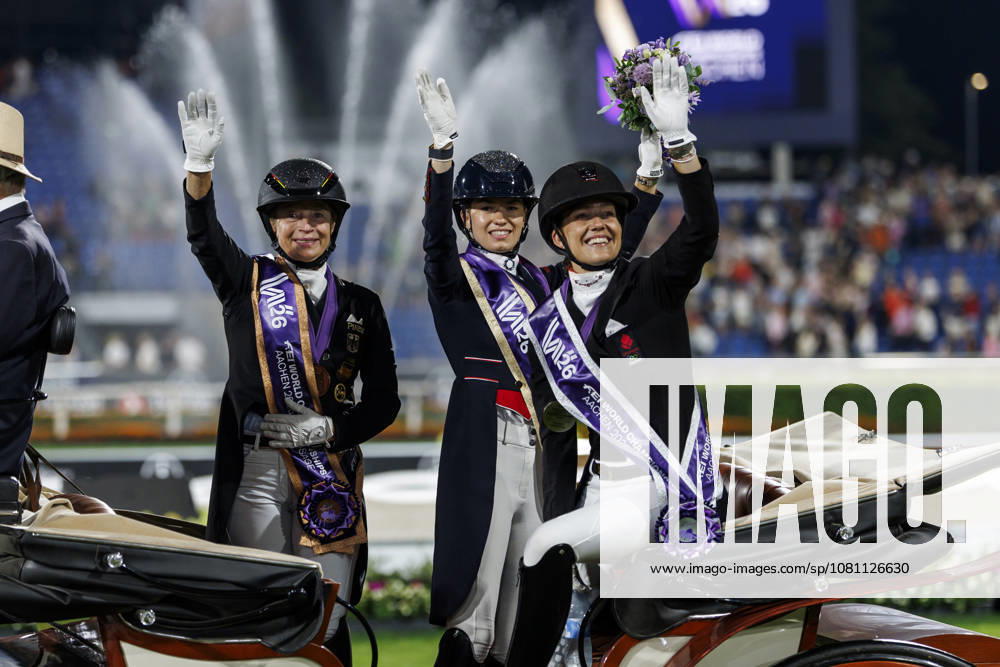 AACHEN FEI World Championships 2026, AACHEN FEI World Championships 2026 FRY Charlotte GBR, Cathrine Laudrup Dufour (DEN), Isabell Werth (GER) Medal ceremony FEI Dressage World Championship Freestyle Individual Lindt Prize Aachen, Soers Equestrian Stadium