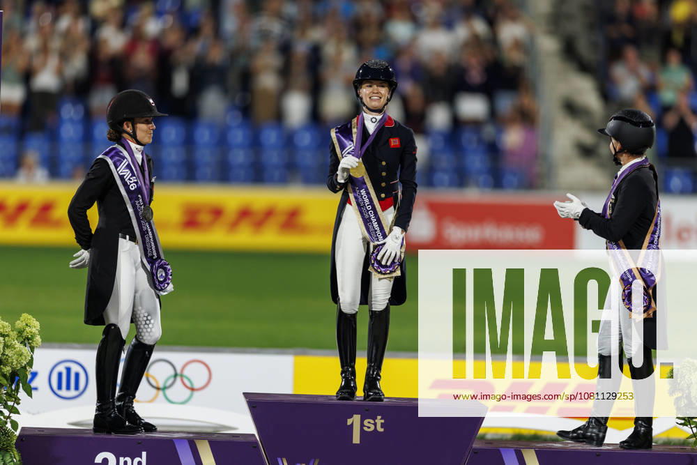 AACHEN FEI World Championships 2026, AACHEN FEI World Championships 2026 FRY Charlotte GBR, Cathrine Laudrup Dufour (DEN), Isabell Werth (GER) Medal ceremony FEI Dressage World Championship Freestyle Individual Lindt Prize Aachen, Soers Equestrian Stadium