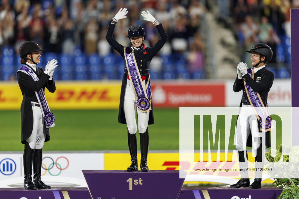 AACHEN FEI World Championships 2026, AACHEN FEI World Championships 2026 FRY Charlotte GBR FRY Charlotte GBR, Cathrine Laudrup Dufour (DEN), Isabell Werth (GER) Medal ceremony FEI Dressage World Championship Freestyle Individual Lindt Prize Aachen, Soers Equestrian Stadium