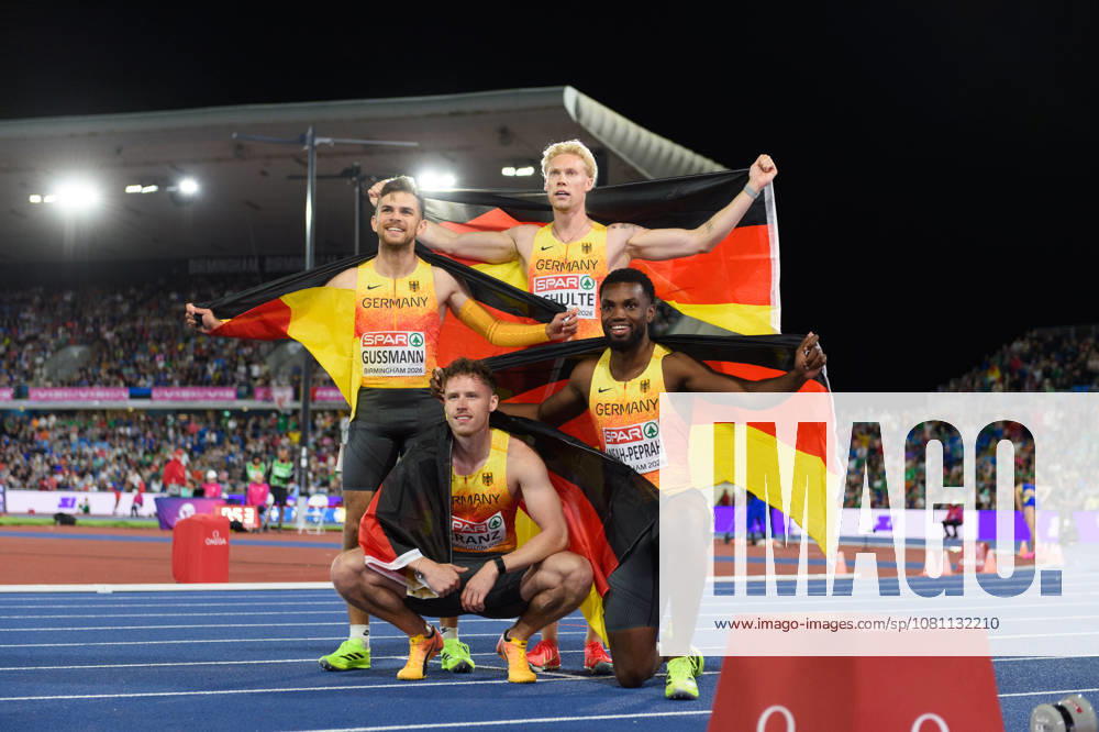 German 4x100 metres relay team with Lucas Ansah-Peprah, Heiko Gussmann, Kevin Kranz, and Marvin Schulte after winning silver during the European Athletics Championships 2026 at Alexander Stadium in Birmingham, Great Britain (Photo by Sven Beyrich Sports Press Photo)