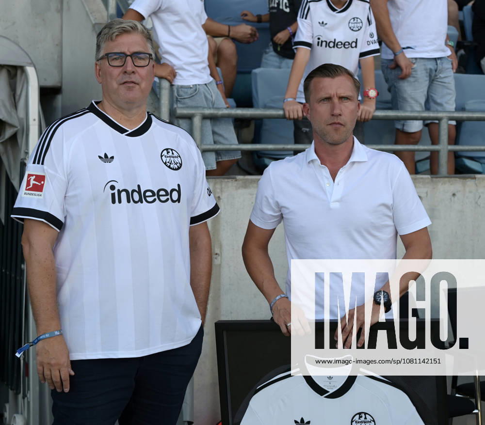 Eintracht Frankfurt s sporting director, Markus Krösche, with Axel Hellmann, spokesperson for Eintracht Frankfurt’s executive board, at the soccer exhibition match between Eintracht Frankfurt and FSV Frankfurt on August 12, 2026, in Frankfurt. DFL and DFB regulations prohibit any use of photographs as image sequences and or quasi-video.