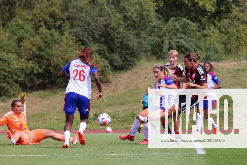 Herzogenaurach, Germany, August 16, 2026: Friendly match between Olympique Lyon Women and Eintracht Frankfurt Women. Pictured: Goal scorer Larissa Mühlhaus (SGE), on the right, scores the 1–0 goal for Frankfurt. Goal scorer Larissa Mühlhaus (SGE) scores the 1–0 goal for Frankfurt.