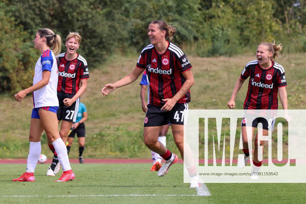 Friendly Match: Olympique Lyon Women vs. Eintracht Frankfurt Women Pictured: Goal scorer Larissa Mühlhaus (SGE), second from the right in the photo, scores the 1–0 goal for Frankfurt. Goal scorer Larissa Mühlhaus (SGE) scores the 1–0 goal for Frankfurt and celebrates