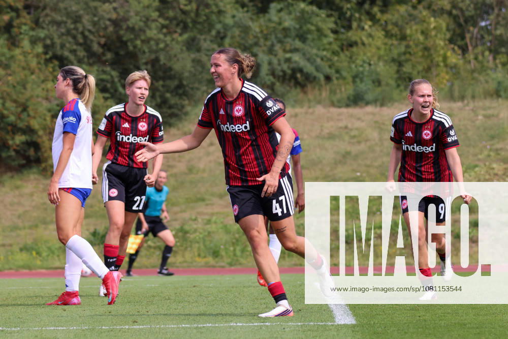 Friendly Match: Olympique Lyon Women vs. Eintracht Frankfurt Women Pictured: Goal scorer Larissa Mühlhaus (SGE), second from the right in the photo, scores the 1–0 goal for Frankfurt. Goal scorer Larissa Mühlhaus (SGE) scores the 1–0 goal for Frankfurt and celebrates