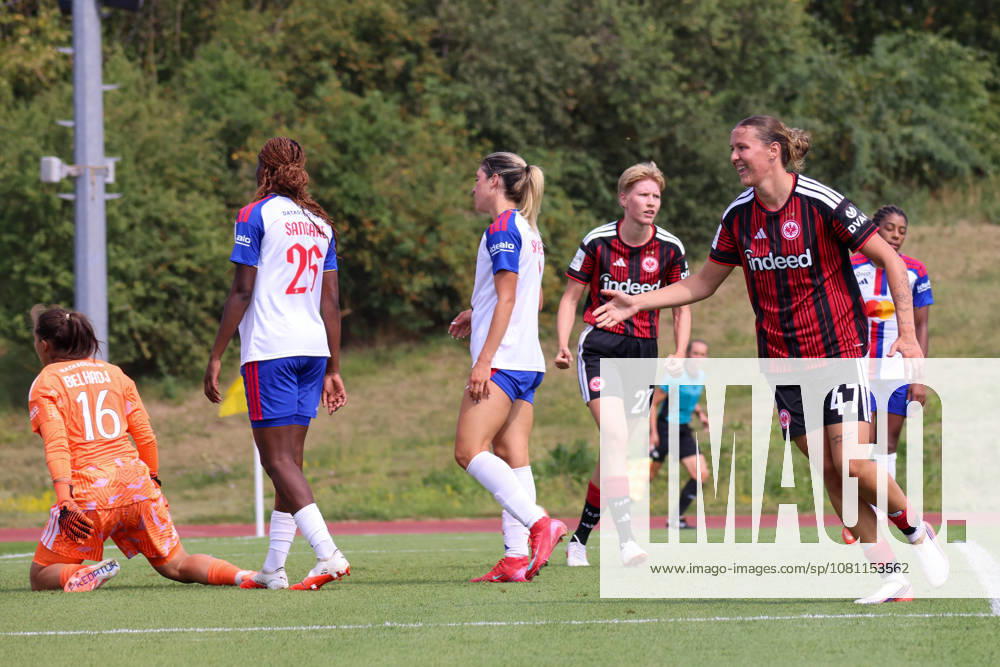 Herzogenaurach, Germany, August 16, 2026: Friendly match between Olympique Lyon Women and Eintracht Frankfurt Women. Pictured: Goal scorer Larissa Mühlhaus (SGE), on the right, scores the 1–0 goal for Frankfurt. Goal scorer Larissa Mühlhaus (SGE) scores the 1–0 goal for Frankfurt and celebrates.