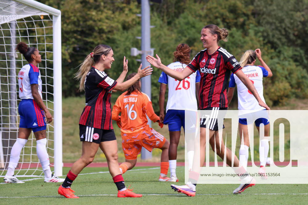 Friendly Match: Olympique Lyon Women vs. Eintracht Frankfurt Women Pictured: Goal scorer Larissa Mühlhaus (SGE), on the right in the photo, scores the 1–0 goal for Frankfurt. Goal scorer Larissa Mühlhaus (SGE) scores the 1–0 goal for Frankfurt and celebrates with Ereleta Memeti (SGE).