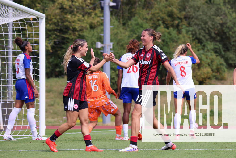 Friendly Match: Olympique Lyon Women vs. Eintracht Frankfurt Women Pictured: Goal scorer Larissa Mühlhaus (SGE), on the right in the photo, scores the 1–0 goal for Frankfurt. Goal scorer Larissa Mühlhaus (SGE) scores the 1–0 goal for Frankfurt and celebrates with Ereleta Memeti (SGE).