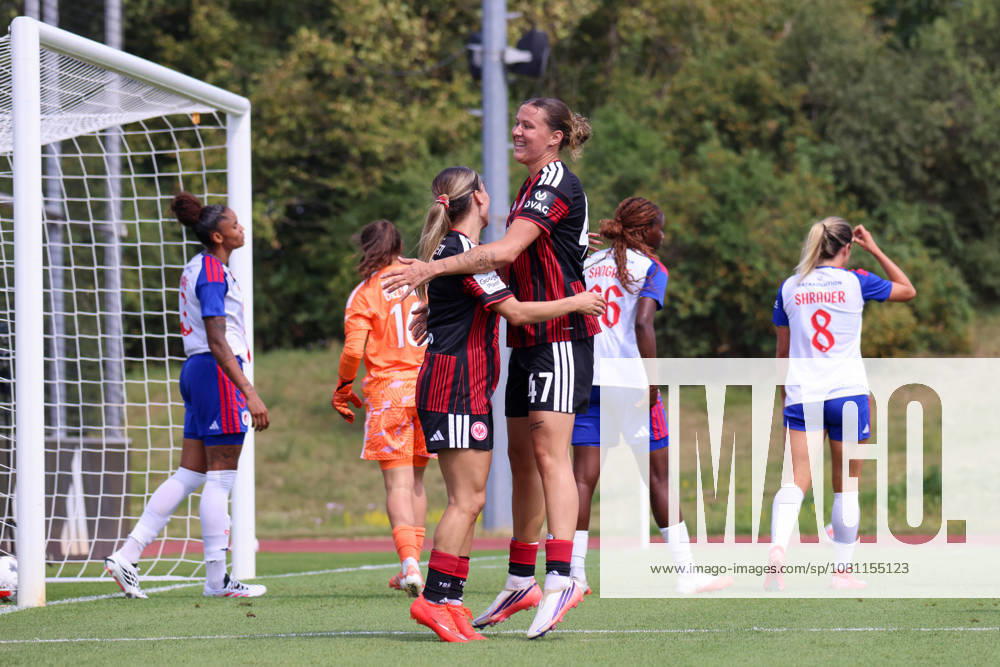 Friendly Match: Olympique Lyon Women vs. Eintracht Frankfurt Women Pictured: Goal scorer Larissa Mühlhaus (SGE), on the right in the photo, scores the 1–0 goal for Frankfurt. Goal scorer Larissa Mühlhaus (SGE) scores the 1–0 goal for Frankfurt and celebrates with Ereleta Memeti (SGE).