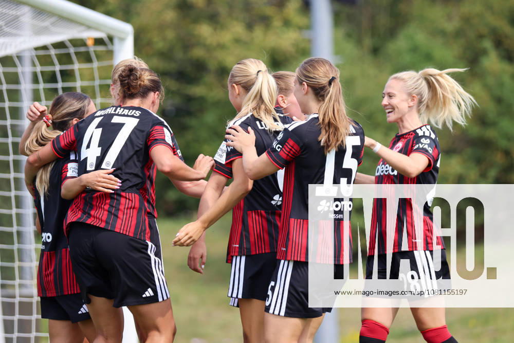 Herzogenaurach, Germany, August 16, 2026, Friendly Match: Olympique Lyon Women vs. Eintracht Frankfurt Women. Pictured from left: Larissa Mühlhaus (SGE), the second goal scorer, scores the 1–0 goal for Frankfurt. Goal scorer Larissa Mühlhaus (SGE) scores the 1–0 goal for Frankfurt and celebrateswith her teammates