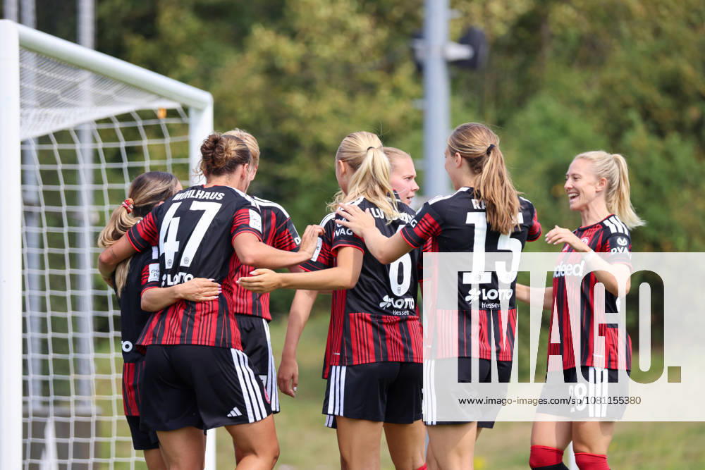 Herzogenaurach, Germany, August 16, 2026, Friendly Match: Olympique Lyon Women vs. Eintracht Frankfurt Women. Pictured from left: Second goal scorer Larissa Mühlhaus (SGE) scores the 1–0 goal for Frankfurt. Goal scorer Larissa Mühlhaus (SGE) scores the 1–0 goal for Frankfurt and celebrateswith her teammates
