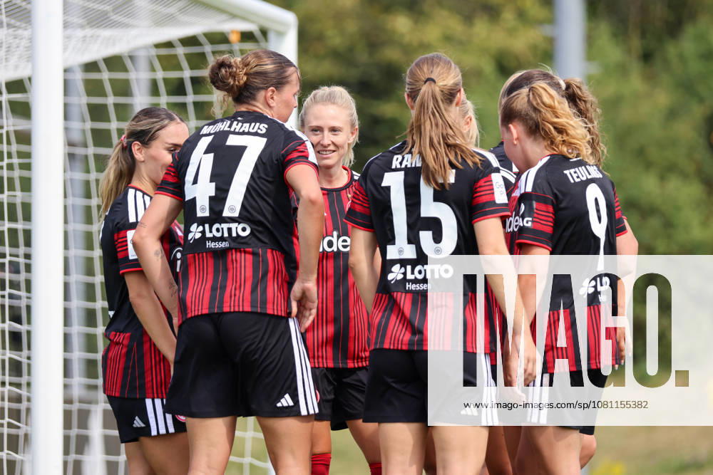 Herzogenaurach, Germany, August 16, 2026: Friendly match between Olympique Lyon Women and Eintracht Frankfurt Women. Pictured from left: Second goal scorer Larissa Mühlhaus (SGE) scores the 1–0 goal for Frankfurt. Goal scorer Larissa Mühlhaus (SGE) scores the 1–0 goal for Frankfurt and celebrateswith her teammates