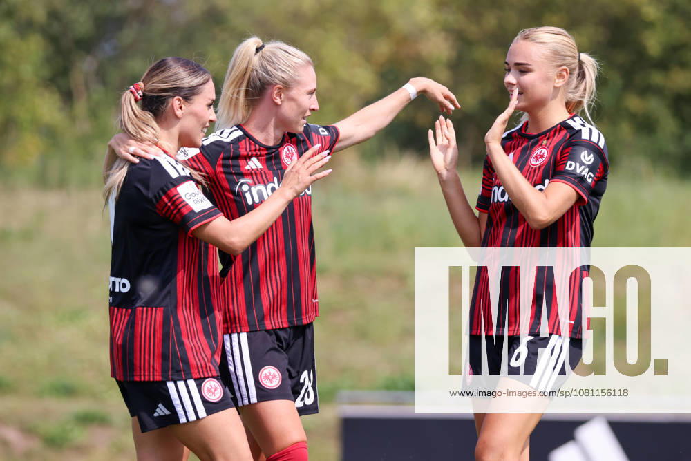 Herzogenaurach, Germany, August 16, 2026: Friendly match between Olympique Lyon Women and Eintracht Frankfurt Women. Pictured, from left: Goal scorer Ereleta Memeti (SGE) scores the goal to make it 2–1 for Frankfurt and celebrates with Rebecka Blomqvist (SGE) and Sofie Lundgaard (SGE).
