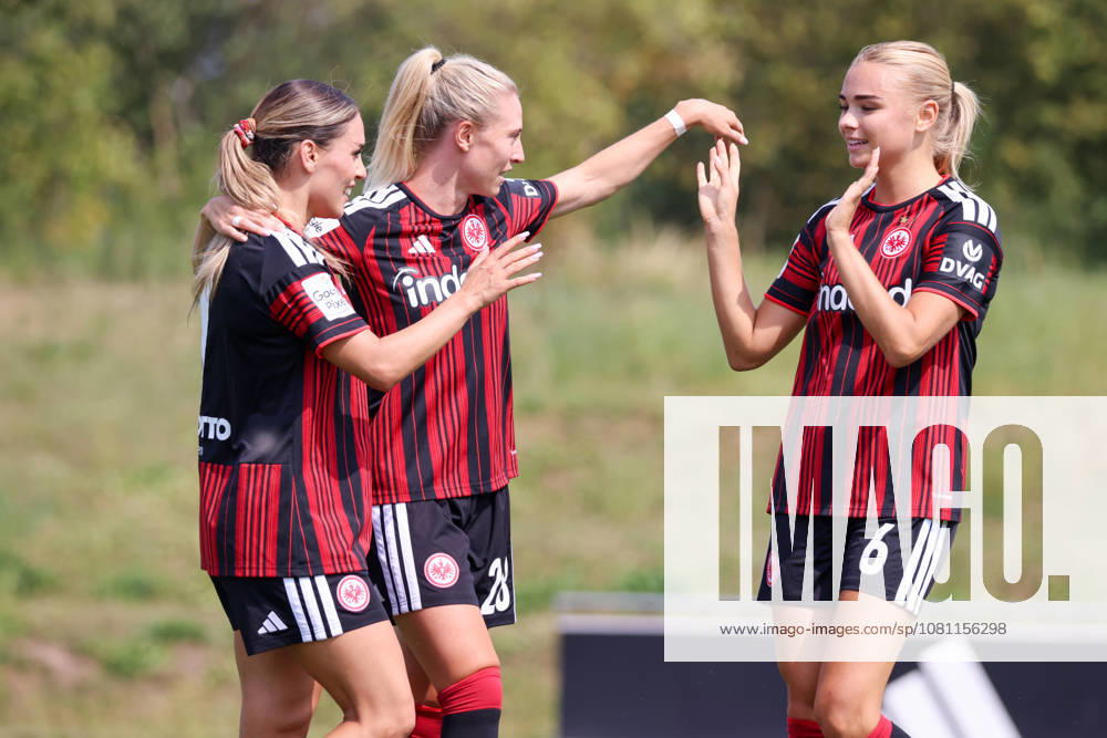 Herzogenaurach, Germany, August 16, 2026: Friendly match between Olympique Lyon Women and Eintracht Frankfurt Women. Pictured, from left: Goal scorer Ereleta Memeti (SGE) scores the goal to make it 2–1 for Frankfurt and celebrates with Rebecka Blomqvist (SGE) and Sofie Lundgaard (SGE).