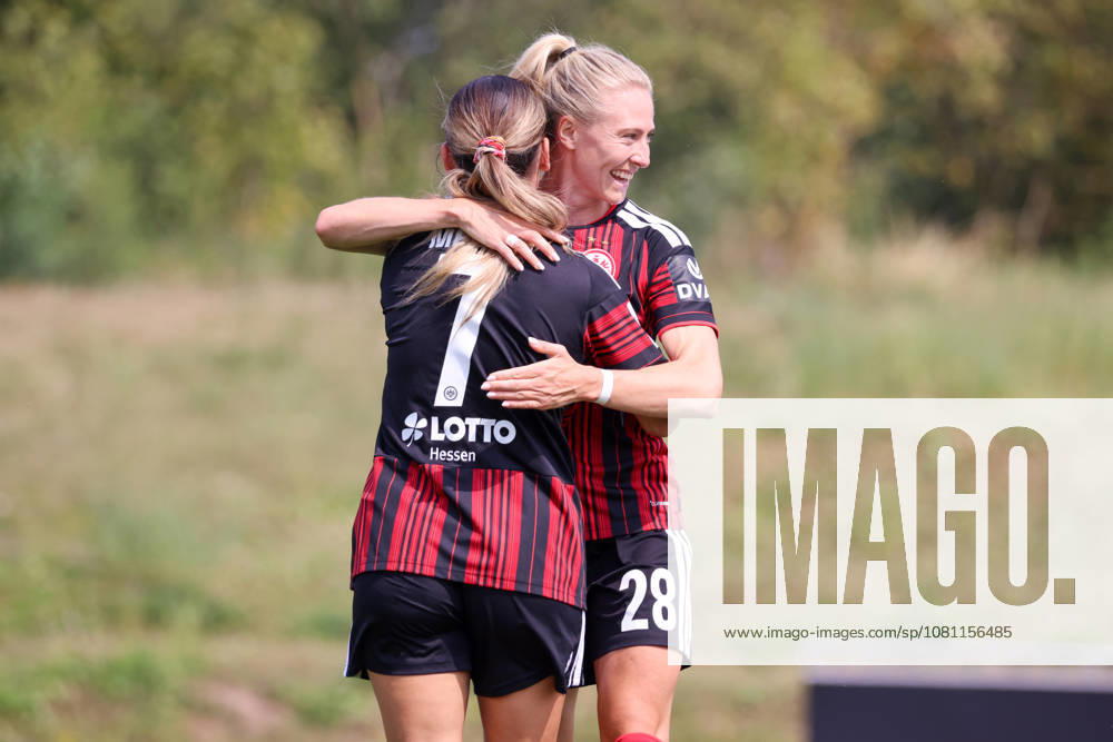 Friendly match: Olympique Lyon Women vs. Eintracht Frankfurt Women. Pictured, from left: Goal scorer Ereleta Memeti (SGE) scores the goal to make it 2–1 for Frankfurt and celebrates with Rebecka Blomqvist (SGE).