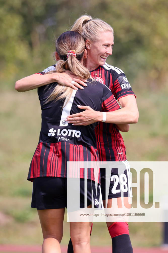 Friendly match: Olympique Lyon Women vs. Eintracht Frankfurt Women. Pictured, from left: Goal scorer Ereleta Memeti (SGE) scores the goal to make it 2–1 for Frankfurt and celebrates with Rebecka Blomqvist (SGE).