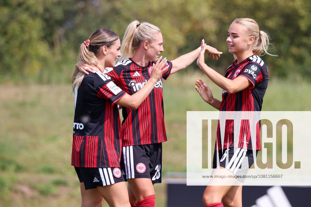 Friendly match: Olympique Lyon Women vs. Eintracht Frankfurt Women. Pictured, from left: Goal scorer Ereleta Memeti (SGE) scores the goal to make it 2–1 for Frankfurt and celebrates with Rebecka Blomqvist (SGE) and Sofie Lundgaard (SGE).
