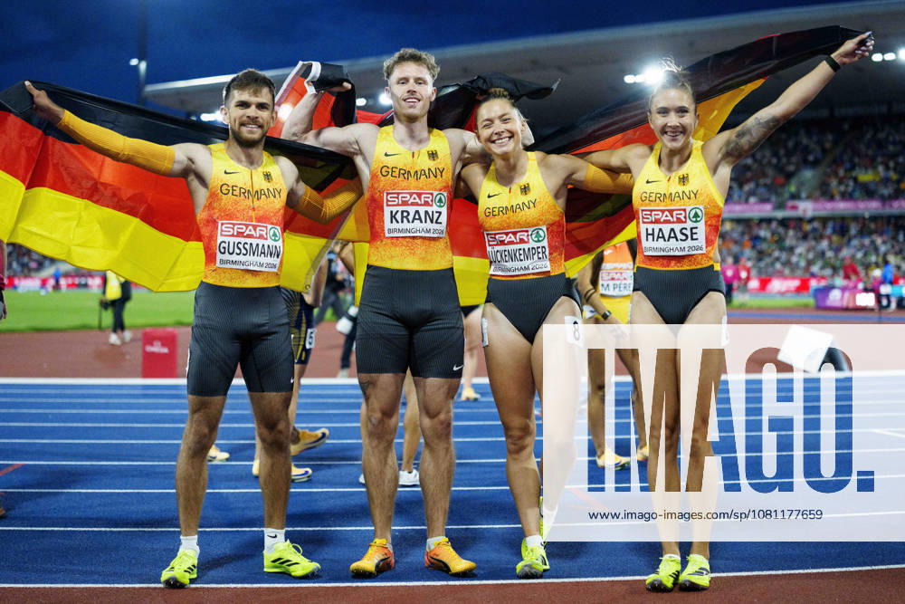 BIRMINGHAM, GREAT BRITAIN - AUGUST 16, 2026 : Silver for the 4x100m mixed relay: Heiko GUSSMANN (GER Germany), Kevin KRANZ (GER Germany), Gina LÜCKENKEMPER (GER Germany) and Rebekka HAASE (GER Germany) during the European Athletics Championships at Alexander Stadium on August 16, 2026 in Birmingham, Great Britain. Great Britain