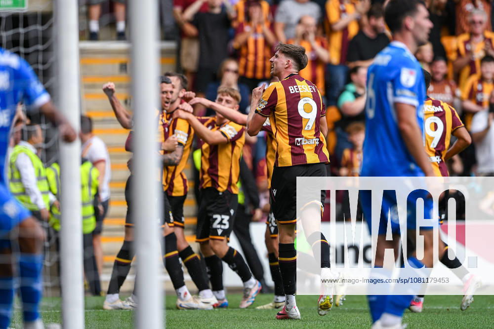 Jake Beesley of Bradford City celebrates the opening goal during the Sky Bet League 1 match between Bradford City and Peterborough at The Mbanq Stadium, Bradford, England on 15 August 2026.