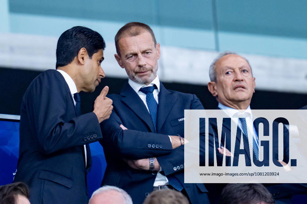 Nasser Al-Khelaifi president of Paris Saint-Germain with Aleksander Ceferin and Nassef Sawiris during the UEFA Super Cup Final match between Paris Saint-Germain and Aston Villa FC at Salzburg Stadium Salzburg Austria on 12 August 2026. Salzburg Salzburg Stadium Austria Austria