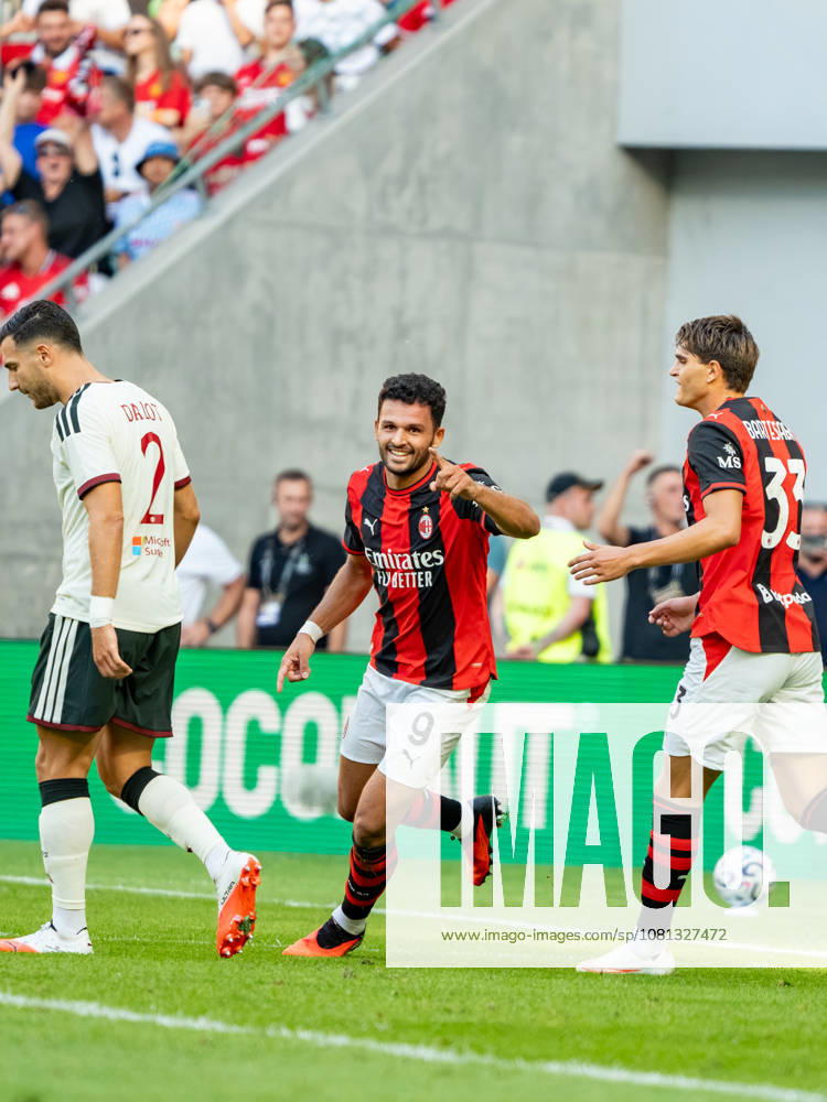 Goncalo Ramos celebrating after scoring goal seen during the Friendly match Supermecz 2026 between AC Milan and Manchester United, ManU ManU ManU (Kazimierz Koper Ball Raw Images) Wroclaw Tarczynski Arena Poland