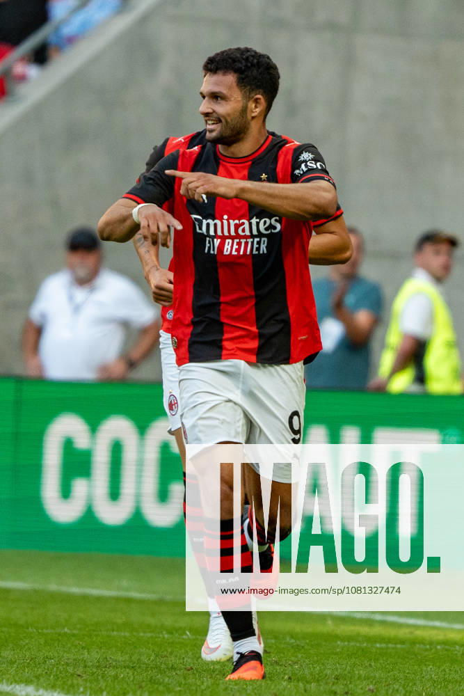 Goncalo Ramos celebrating after scoring goal seen during the Friendly match Supermecz 2026 between AC Milan and Manchester United, ManU ManU ManU (Kazimierz Koper Ball Raw Images) Wroclaw Tarczynski Arena Poland
