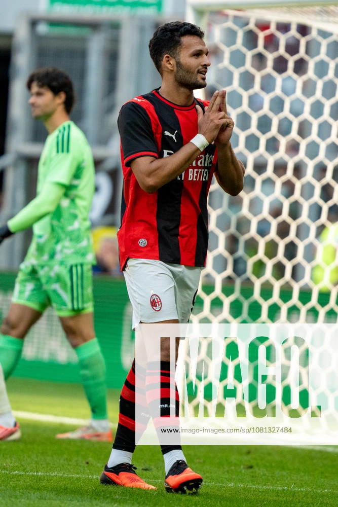 Goncalo Ramos celebrating after scoring goal seen during the Friendly match Supermecz 2026 between AC Milan and Manchester United, ManU ManU ManU (Kazimierz Koper Ball Raw Images) Wroclaw Tarczynski Arena Poland