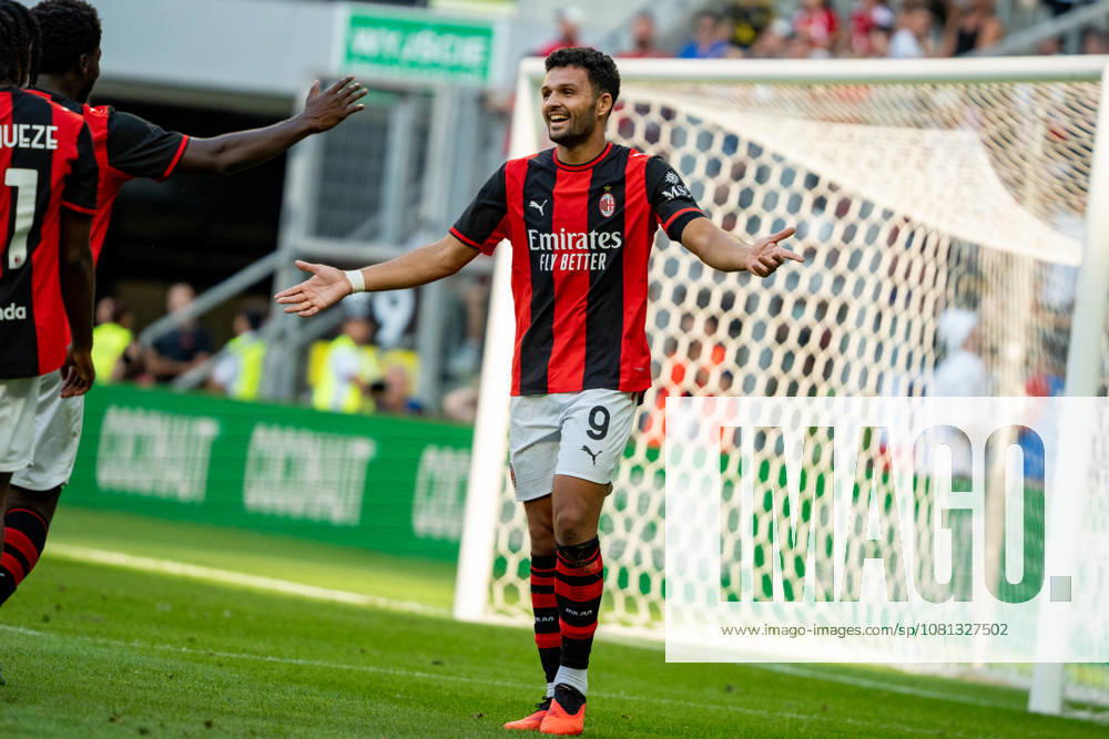 Goncalo Ramos celebrating after scoring goal seen during the Friendly match Supermecz 2026 between AC Milan and Manchester United, ManU ManU ManU (Kazimierz Koper Ball Raw Images) Wroclaw Tarczynski Arena Poland
