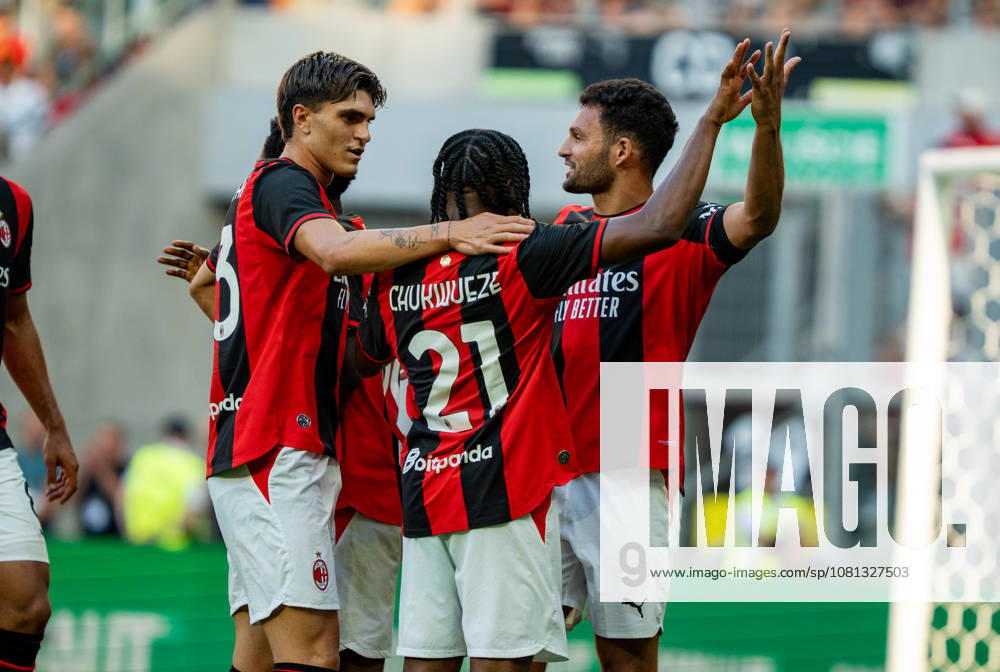 Goncalo Ramos celebrating after scoring goal with team seen during the Friendly match Supermecz 2026 between AC Milan and Manchester United, ManU ManU ManU (Kazimierz Koper Ball Raw Images) Wroclaw Tarczynski Arena Poland