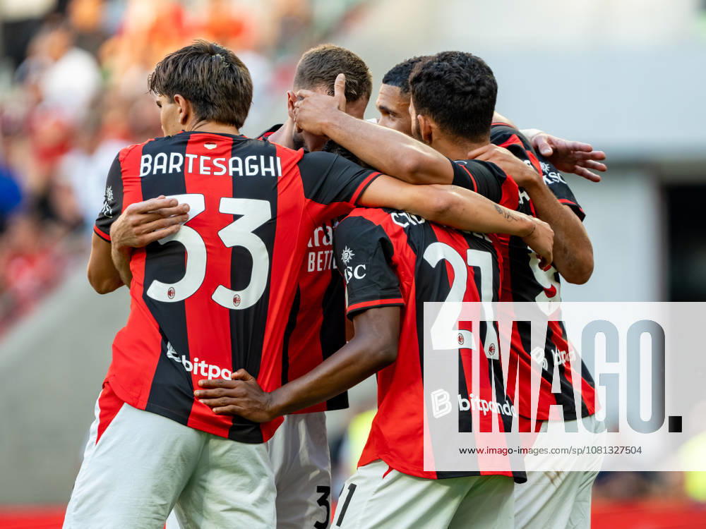 Goncalo Ramos celebrating after scoring goal with team seen during the Friendly match Supermecz 2026 between AC Milan and Manchester United, ManU ManU ManU (Kazimierz Koper Ball Raw Images) Wroclaw Tarczynski Arena Poland