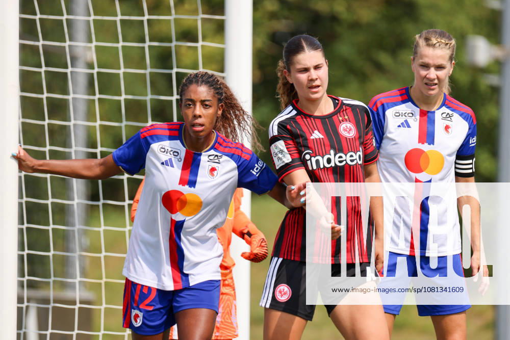 Herzogenaurach, Germany, August 16, 2026: Friendly match between Olympique Lyon Women and Eintracht Frankfurt Women. Pictured, from left: Ashley Lawrence (Lyon), Noemi Ivelj (SGE), and Ada Hegerberg (Lyon)