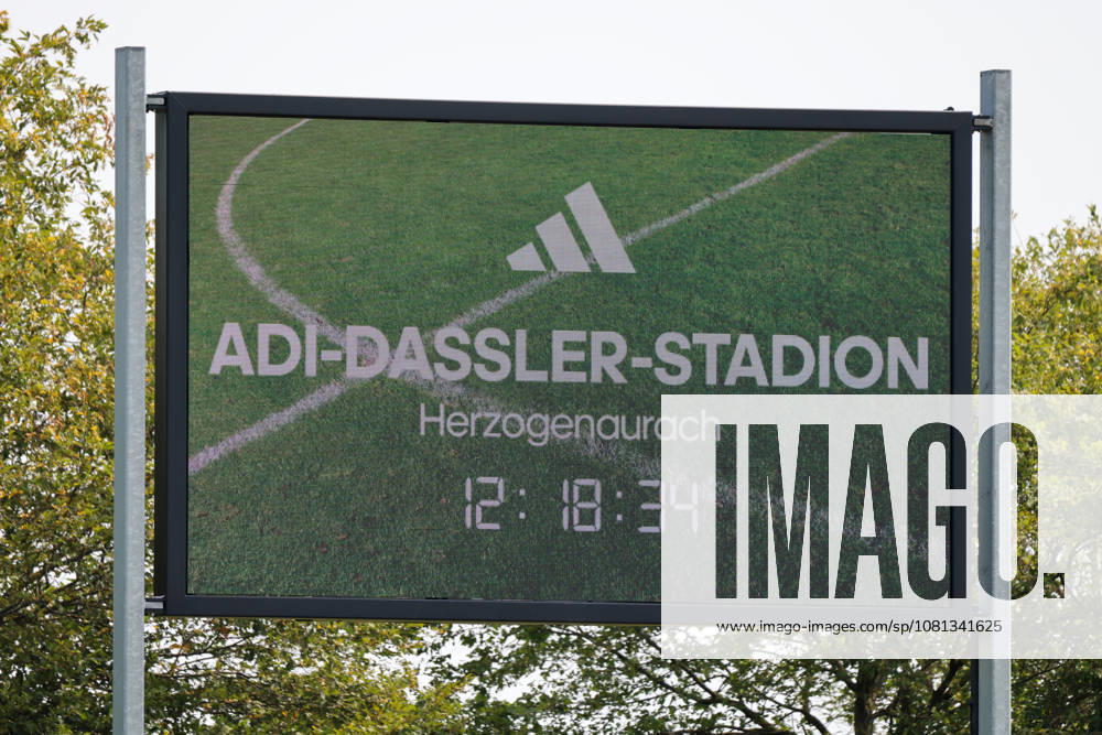 Herzogenaurach, Germany, August 16, 2026: Friendly match between Olympique Lyon Women and Eintracht Frankfurt Women. Pictured: Stock photo of a sign with the words Adi Dassler Stadium Herzogenaurach.