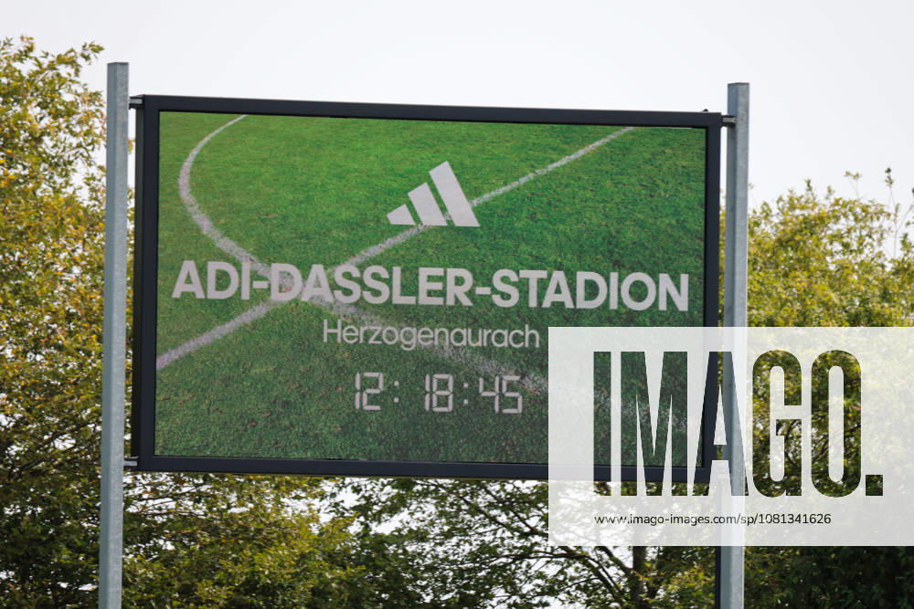 Herzogenaurach, Germany, August 16, 2026: Friendly match between Olympique Lyon Women and Eintracht Frankfurt Women. Pictured: Stock photo of a sign with the words Adi Dassler Stadium Herzogenaurach.