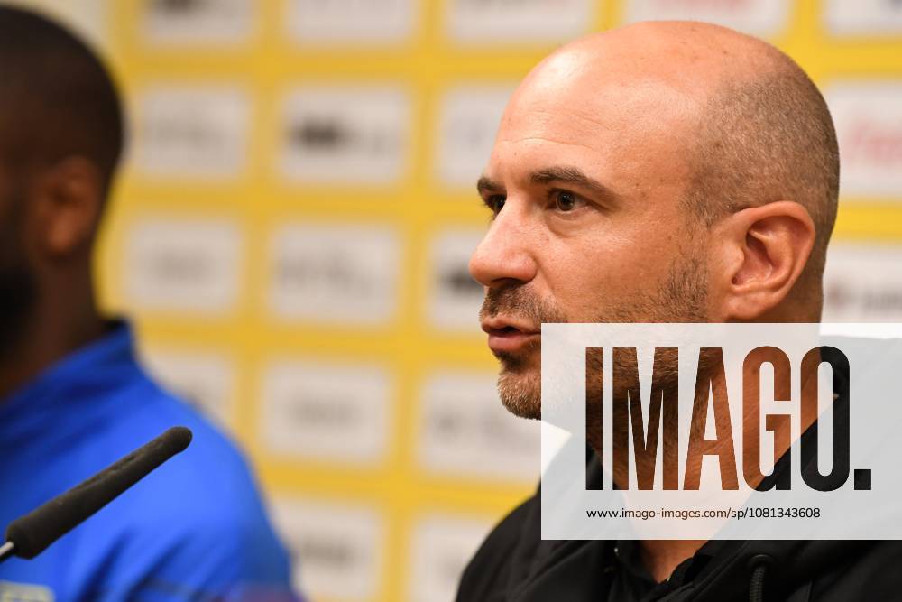 STVV s head coach Frederic De Meyer pictured during a press conference, PK, Pressekonferenz of Belgian soccer team Sint-Truidense V.V., Wednesday 19 August 2026 in Sint-Truiden, in preparations of the first leg of the play-off round for the UEFA Europa League league phase, against Cypriot team AC Omonoia Nicosia. JILLxDELSAUX x183765143x