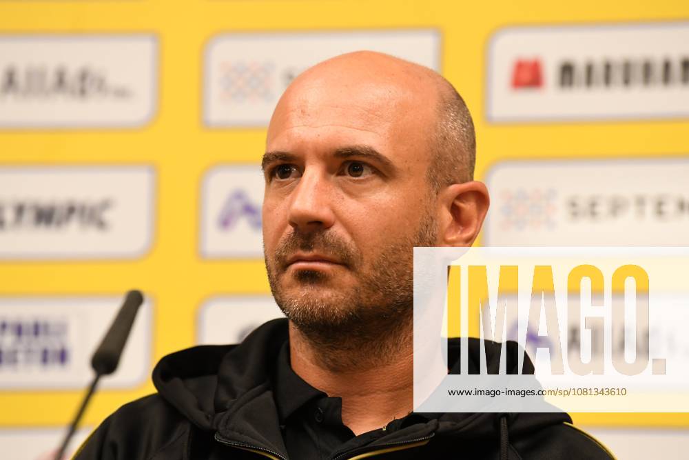 STVV s head coach Frederic De Meyer pictured during a press conference, PK, Pressekonferenz of Belgian soccer team Sint-Truidense V.V., Wednesday 19 August 2026 in Sint-Truiden, in preparations of the first leg of the play-off round for the UEFA Europa League league phase, against Cypriot team AC Omonoia Nicosia. JILLxDELSAUX x183765150x