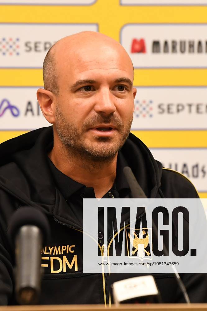 STVV s head coach Frederic De Meyer pictured during a press conference, PK, Pressekonferenz of Belgian soccer team Sint-Truidense V.V., Wednesday 19 August 2026 in Sint-Truiden, in preparations of the first leg of the play-off round for the UEFA Europa League league phase, against Cypriot team AC Omonoia Nicosia. JILLxDELSAUX x183765039x