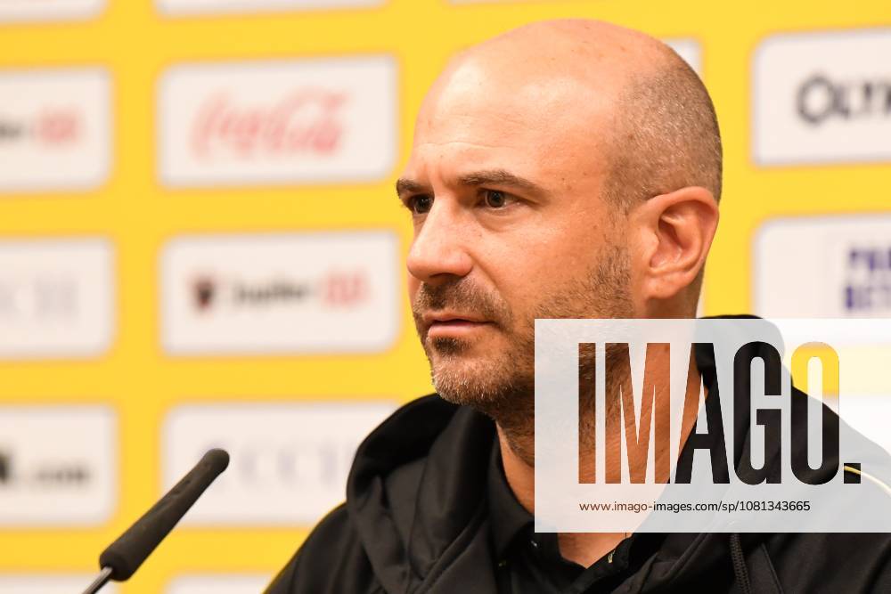 STVV s head coach Frederic De Meyer pictured during a press conference, PK, Pressekonferenz of Belgian soccer team Sint-Truidense V.V., Wednesday 19 August 2026 in Sint-Truiden, in preparations of the first leg of the play-off round for the UEFA Europa League league phase, against Cypriot team AC Omonoia Nicosia. JILLxDELSAUX x183765091x